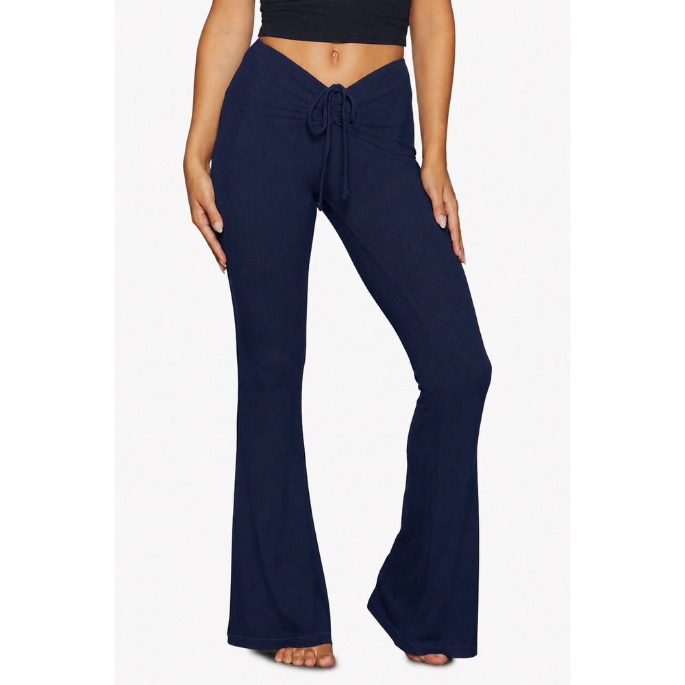 SKIMS Soft Lounge Ribbed Flare Pants Navy Blue V-Front Drawstring Medium